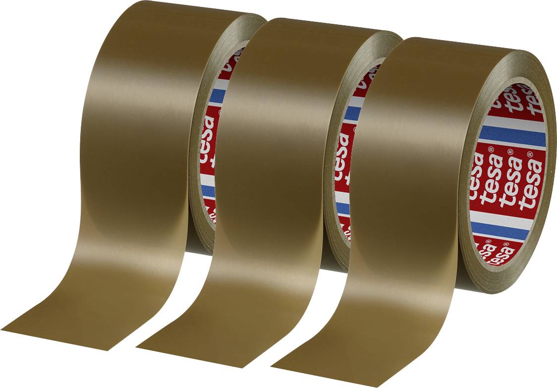 Three rolls of brown adhesive tape arranged in a row, showing the brand tesa on the inner labels.