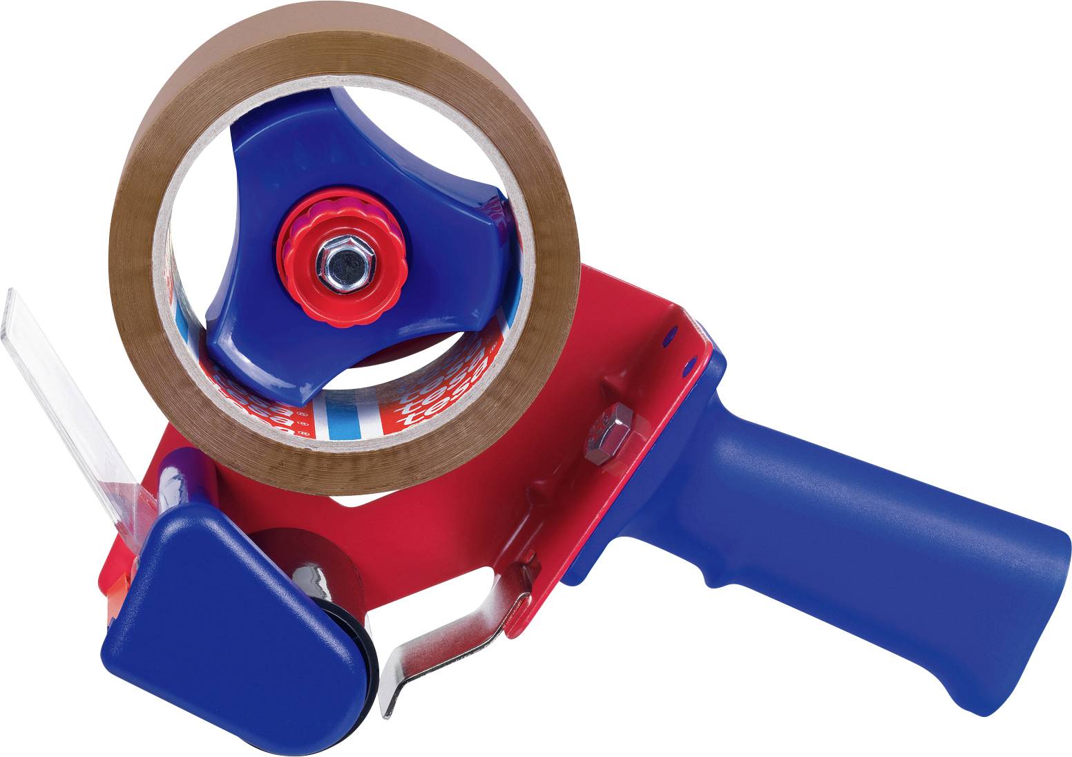 Ein roter und blauer tragbarer Tapeabroller mit einer Rolle braunem Packband, ausgestattet mit einem Griff zur einfachen Anwendung.