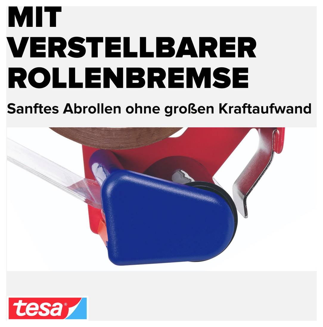 Werbung für einen Klebebandabroller mit verstellbarer Bremse; Text: 'Mit verstellbarer Bremse' und 'Sanftes Abrollen ohne großen Kraftaufwand'.