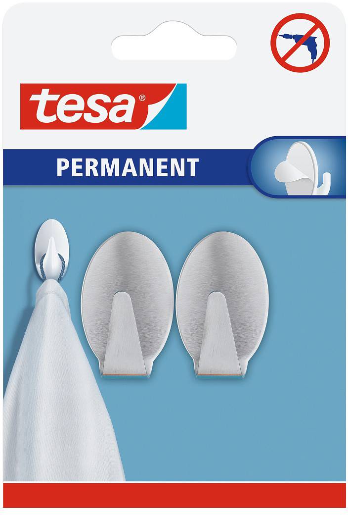 Das Bild zeigt eine Verpackung von Tesa Permanenthaken. Zwei Metallhaken werden zusammen mit einem Tuch angezeigt, das an einem Haken hängt. Kein Bohrsymbol.