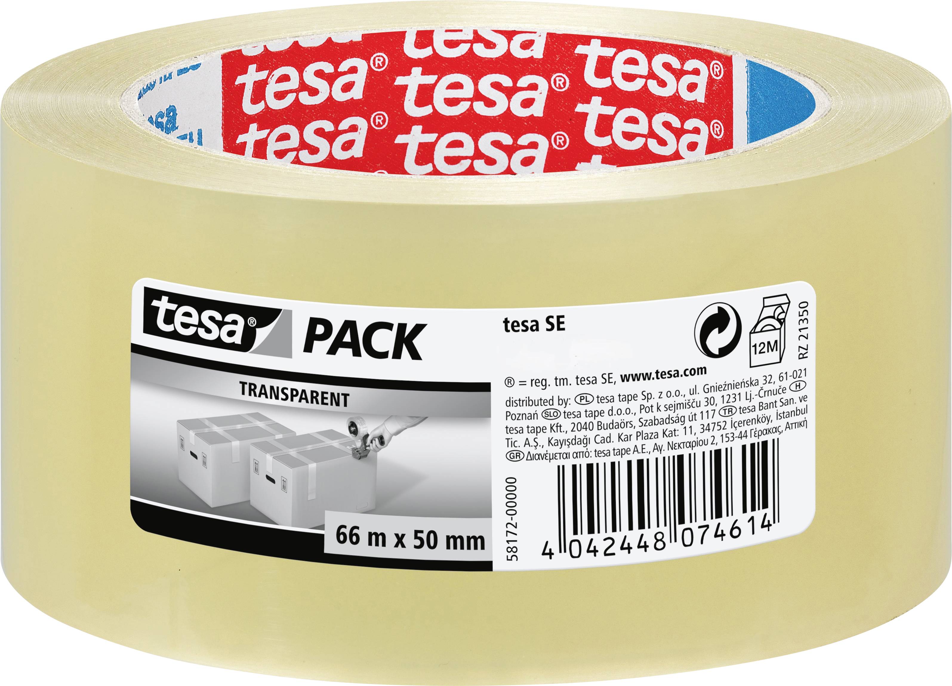 Eine Rolle durchsichtiges Packklebeband mit einer Etikette, auf der „tesa PACK