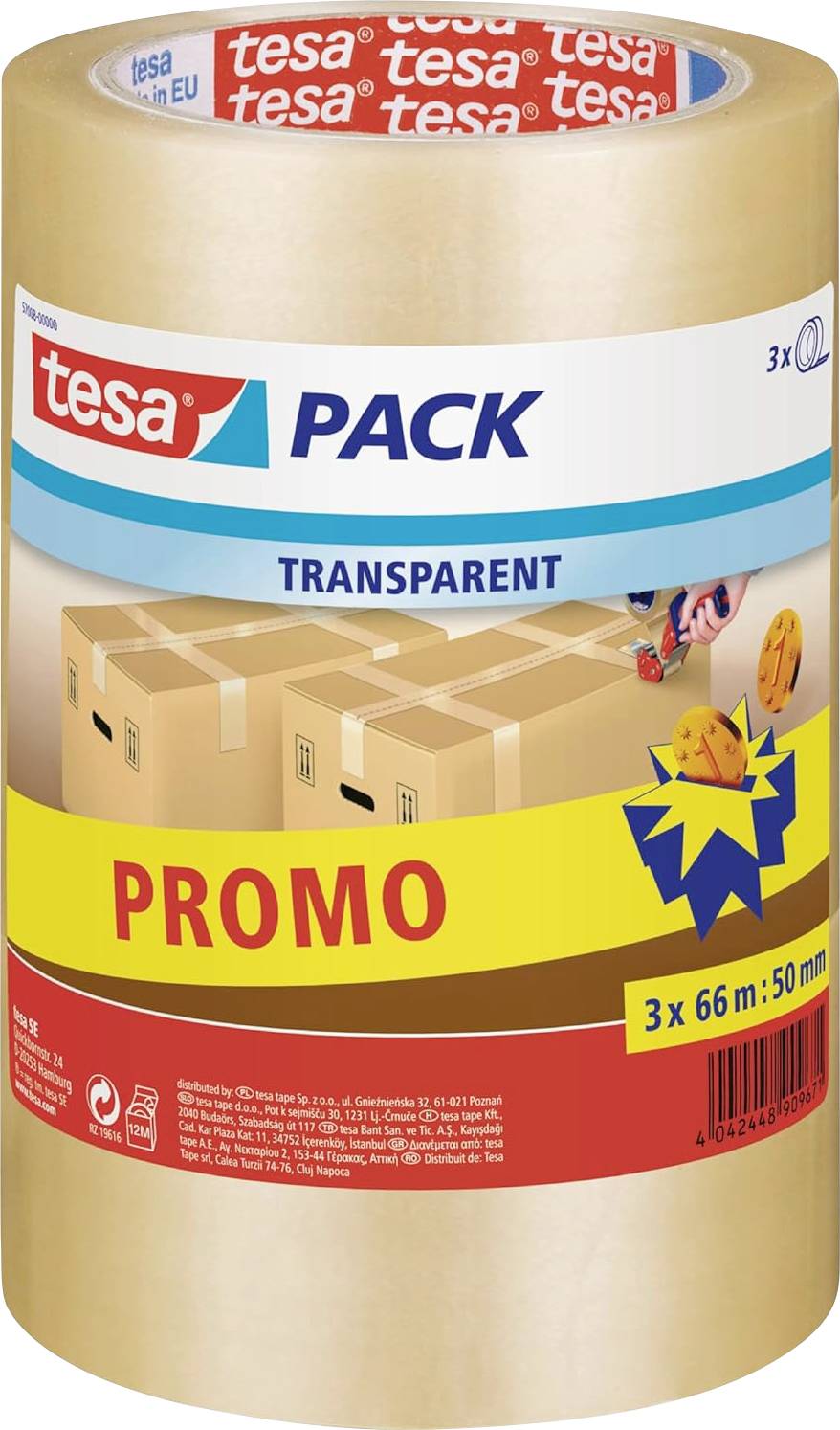 „Transparentes Verpackungsklebeband in Rollenform mit der Marke tesa PACK, mit Aufschrift „PROMO