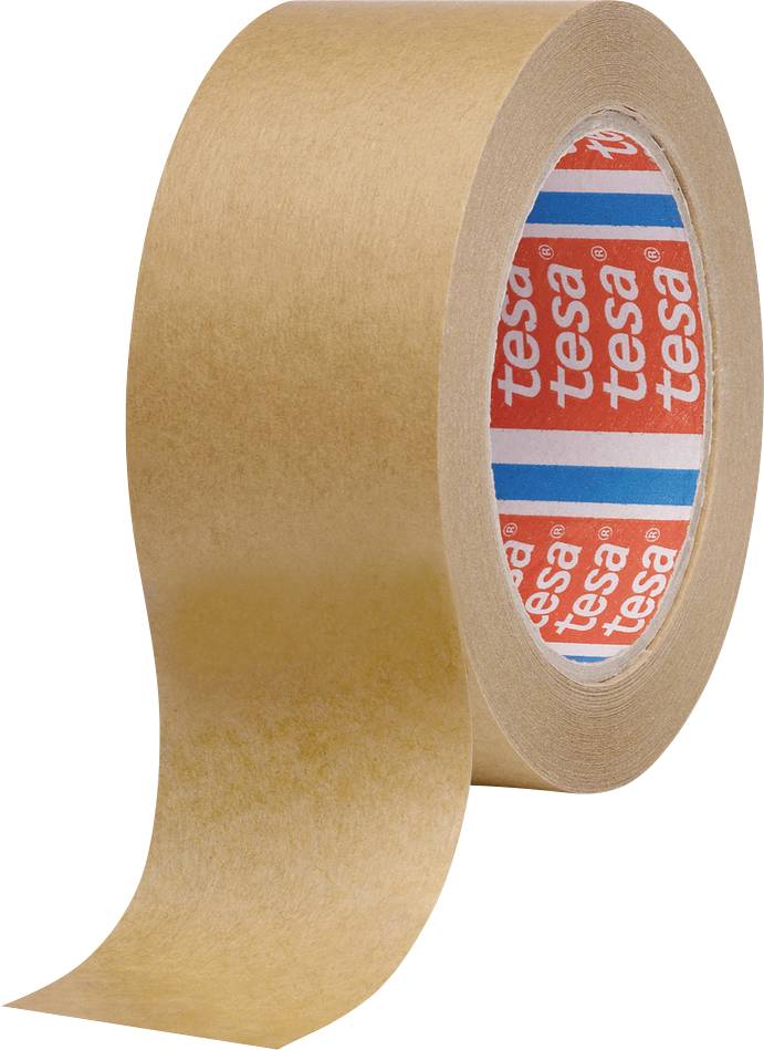Eine Rolle braunes Klebeband mit einem teilweise abgerollten Streifen, das den Markennamen auf dem inneren Kern in rotem und weißem Text zeigt.