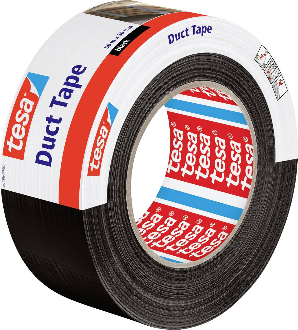 Eine Rolle schwarzes Klebeband mit einem weiß-roten Etikett, das die Marke „tesa