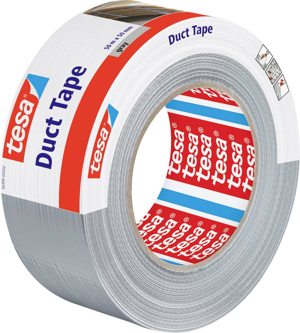 Eine Rolle silbernes Tesa-Klebeband mit sichtbarer Verpackung, die Branding und Produktdetails wie Breite und Länge zeigt.