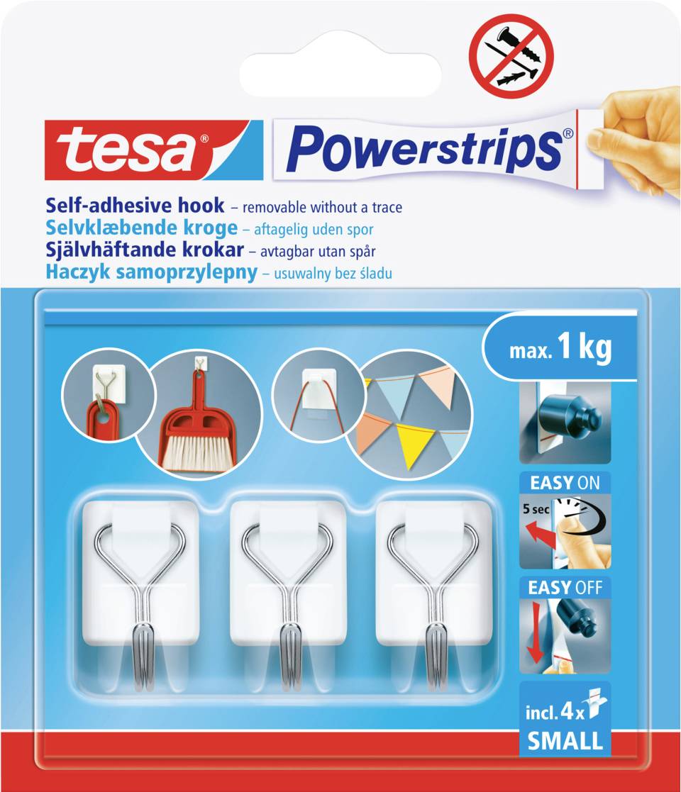 Paket mit vier kleinen selbstklebenden Haken von Tesa Powerstrips, konzipiert für einfaches Anbringen und Entfernen, mit einer Gewichtsbegrenzung von 1 kg.