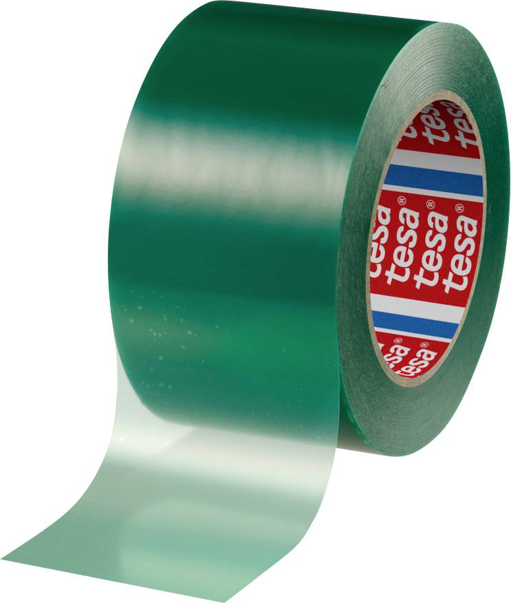 Transparente Verpackungsklebeband-Rolle, teilweise abgewickelt, auf weißem Hintergrund. Der innere Kern ist mit roten und blauen „tesa