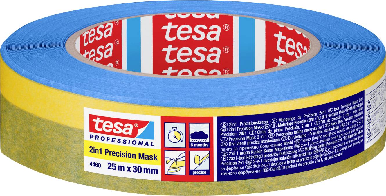 Masking-Tape-Rolle mit der Aufschrift „tesa professional 2in1 Precision Mask 25m x 30mm