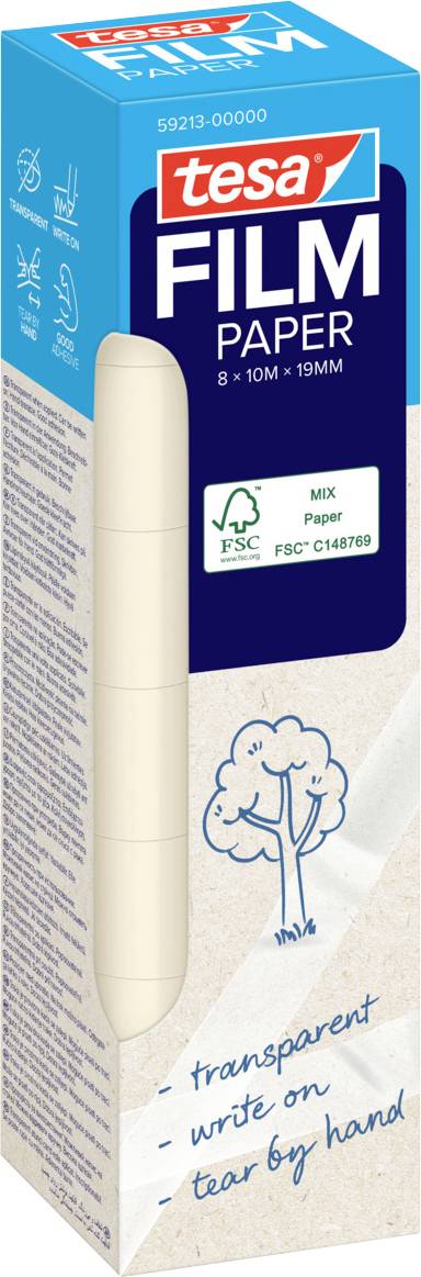 „Packung Tesa-Filmklebeband, 8m x 19mm, gekennzeichnet als transparent, beschreibbar und von Hand abreißbar. FSC-zertifiziert mit einer Baumgrafik.