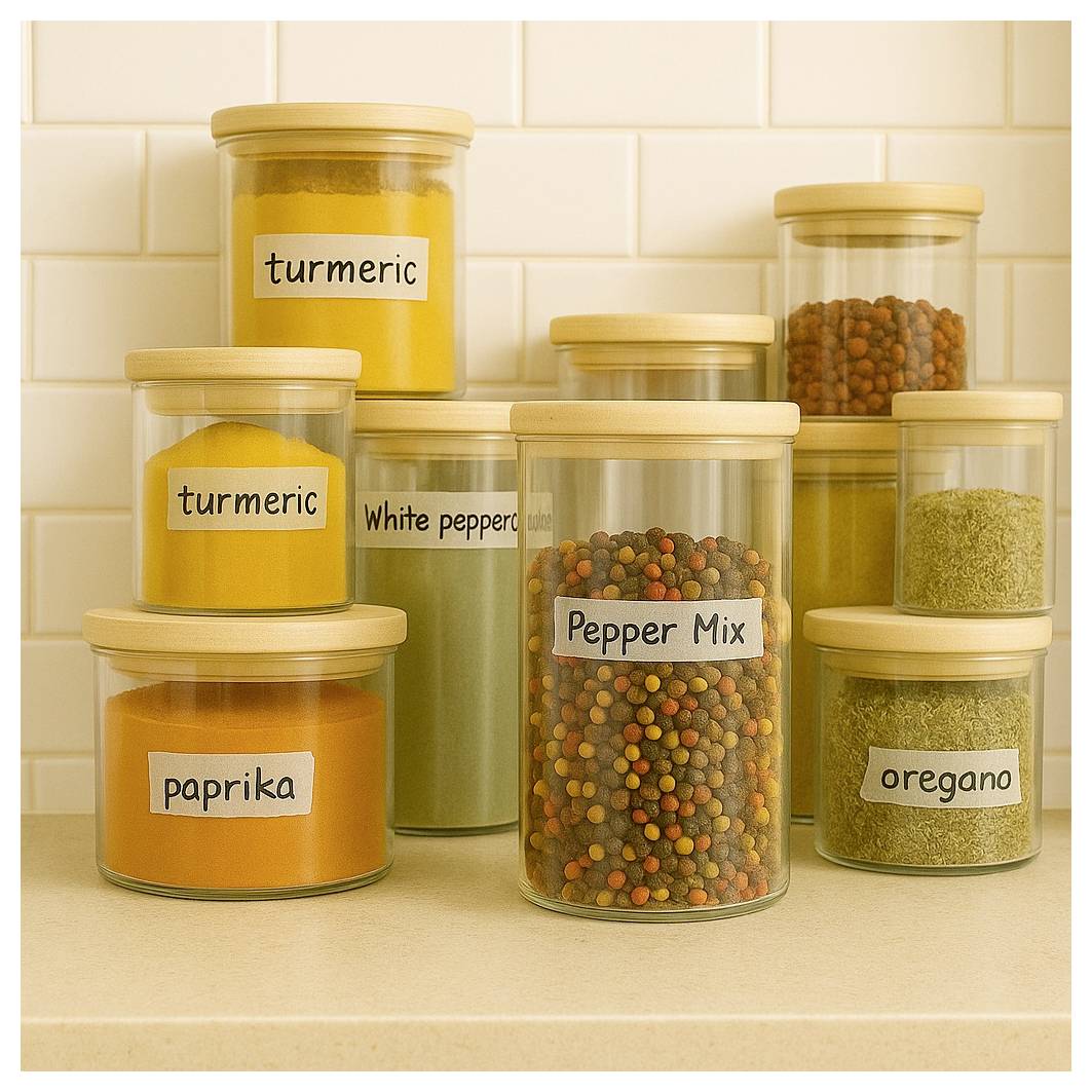 Eine Sammlung beschrifteter Gewürzdosen auf einer Arbeitsplatte, darunter Kurkuma, Paprika, weißer Pfeffer, Pfeffermischung und Oregano.