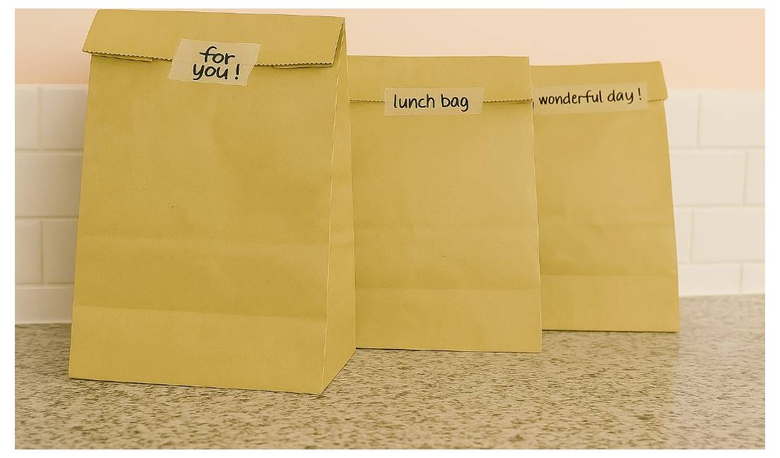 Drei braune Papiertüten mit Etiketten: „für dich!