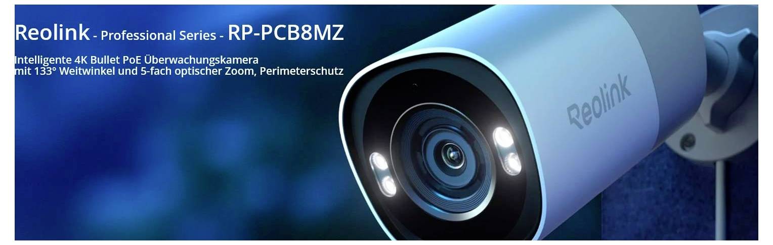 Intelligente 4K Bullet PoE Überwachungskamera, 133° Weitwinkel, 5-fach optischer Zoom, Perimeterschutz. Modell: RP-PCB8MZ.