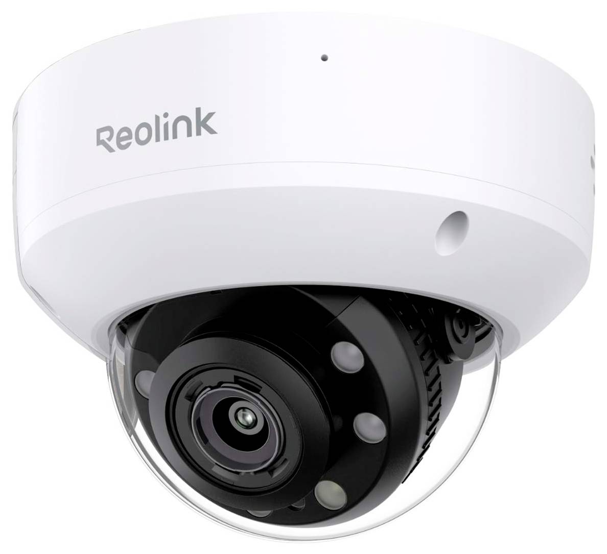 Eine weiße Kuppelsicherheitskamera mit 'Reolink'-Branding, ausgestattet mit einer schwarzen Linse und Nachtsichtfähigkeit, leicht nach unten gerichtet.