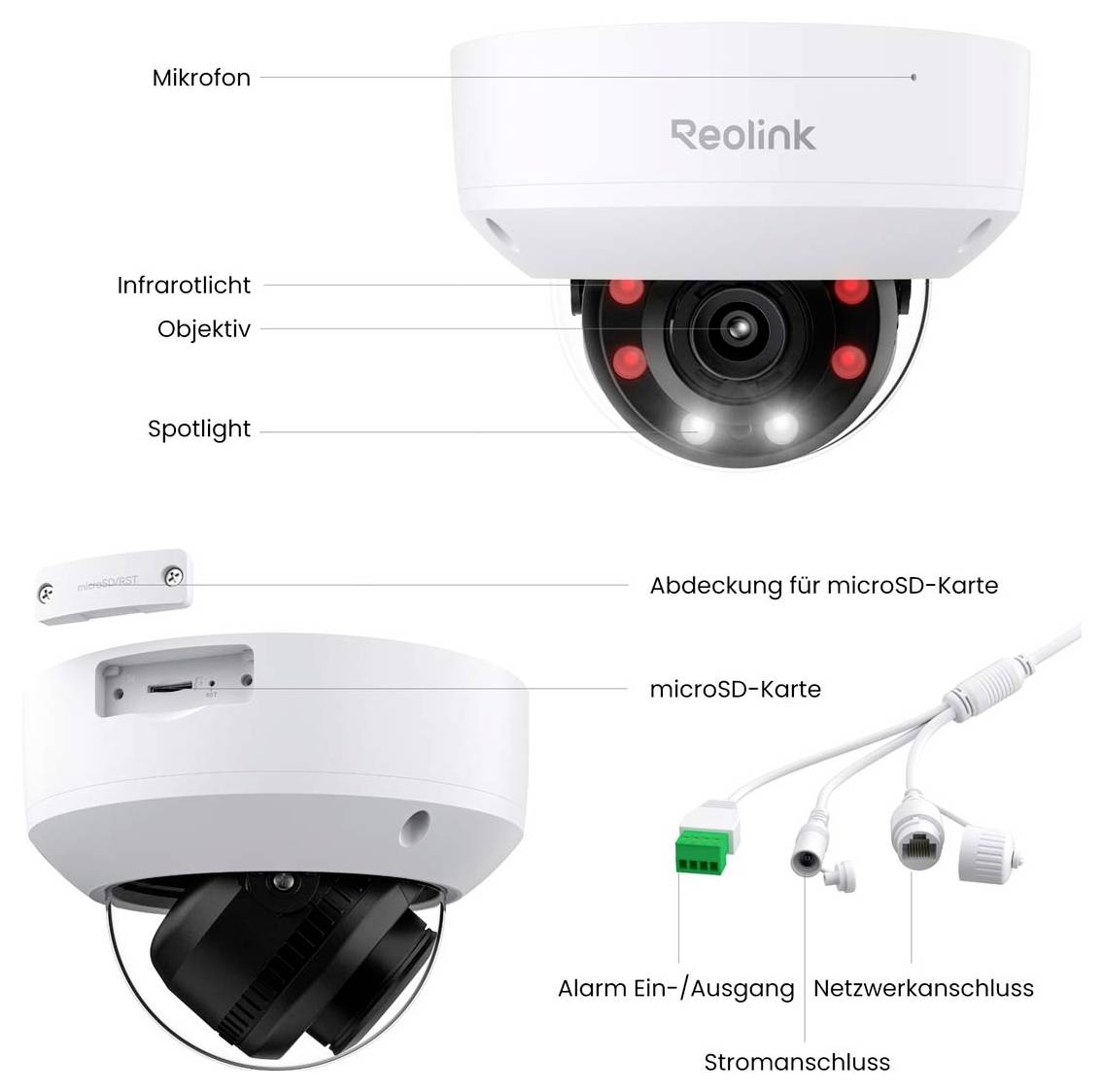 Überwachungskamera mit Mikrofon, Objektiv, Infrarot, Spotlight. Anschlüsse: Alarm, Netzwerk, Strom. microSD-Karte mit Abdeckung.