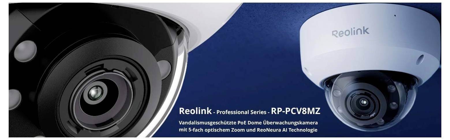 Nahaufnahme einer Reolink Dome-Überwachungskamera aus der Professional Series mit Vandalismusschutz und optischem Zoom.