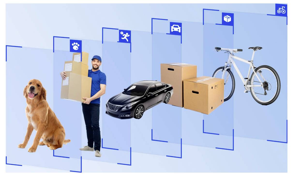 Eine Reihe von Bildern zeigt einen Hund, eine Person, die Kartons trägt, ein Auto, weitere Kartons und ein Fahrrad, was verschiedene Transport- oder Liefermöglichkeiten veranschaulicht.