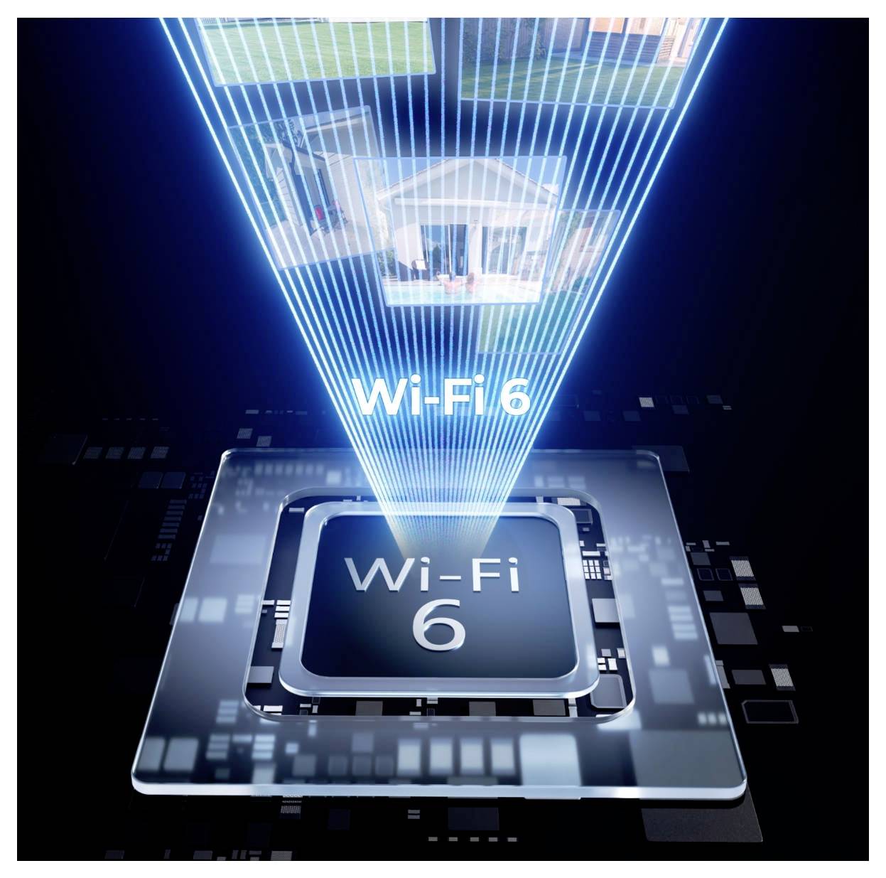 Computerchip, der Lichtstrahlen mit der Bezeichnung 