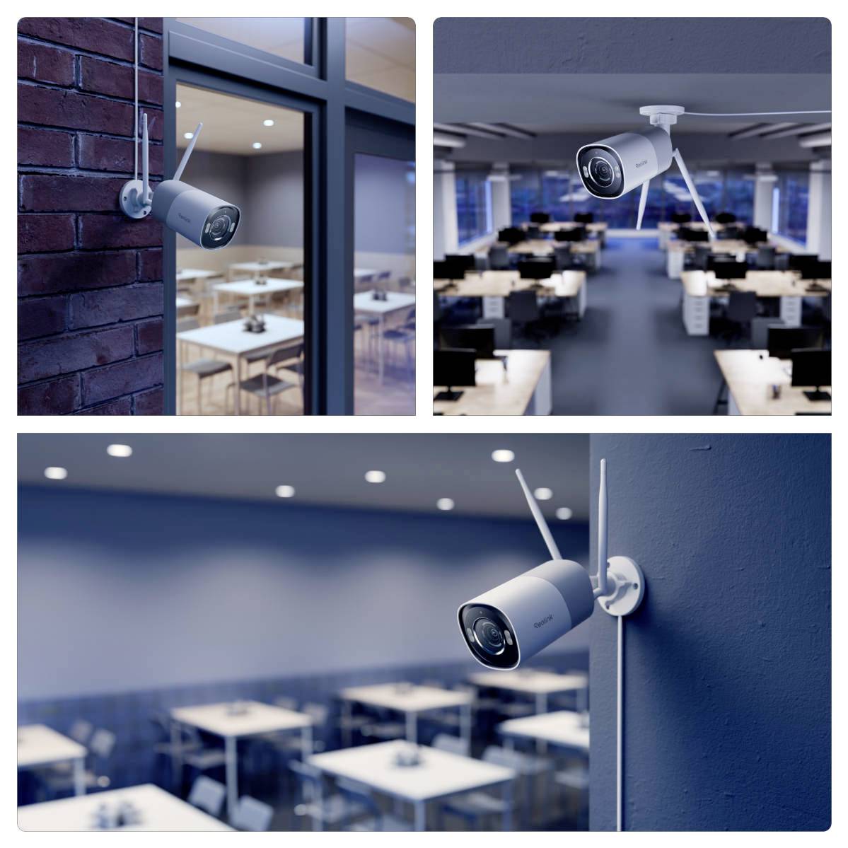 Drei Bilder zeigen Überwachungskameras, die drinnen und draußen installiert sind und Büro- und öffentliche Räume überwachen, wodurch Überwachung veranschaulicht wird.