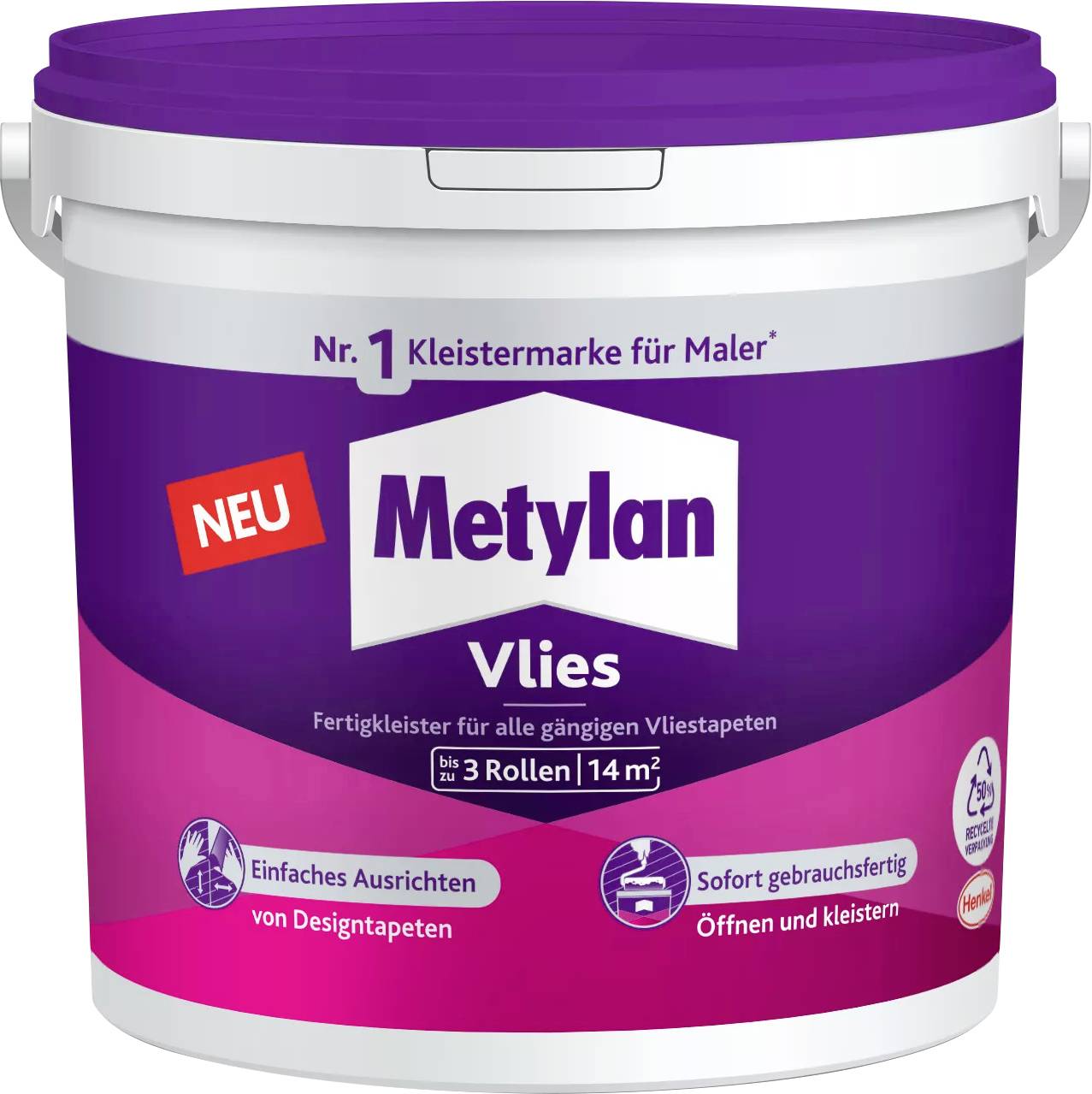'Metylan Vlies' Tapetenkleberanzeige, gekennzeichnet als ‚Nummer 1 Klebstoffmarke für Maler', betont die einfache Anwendung und Abdeckung.