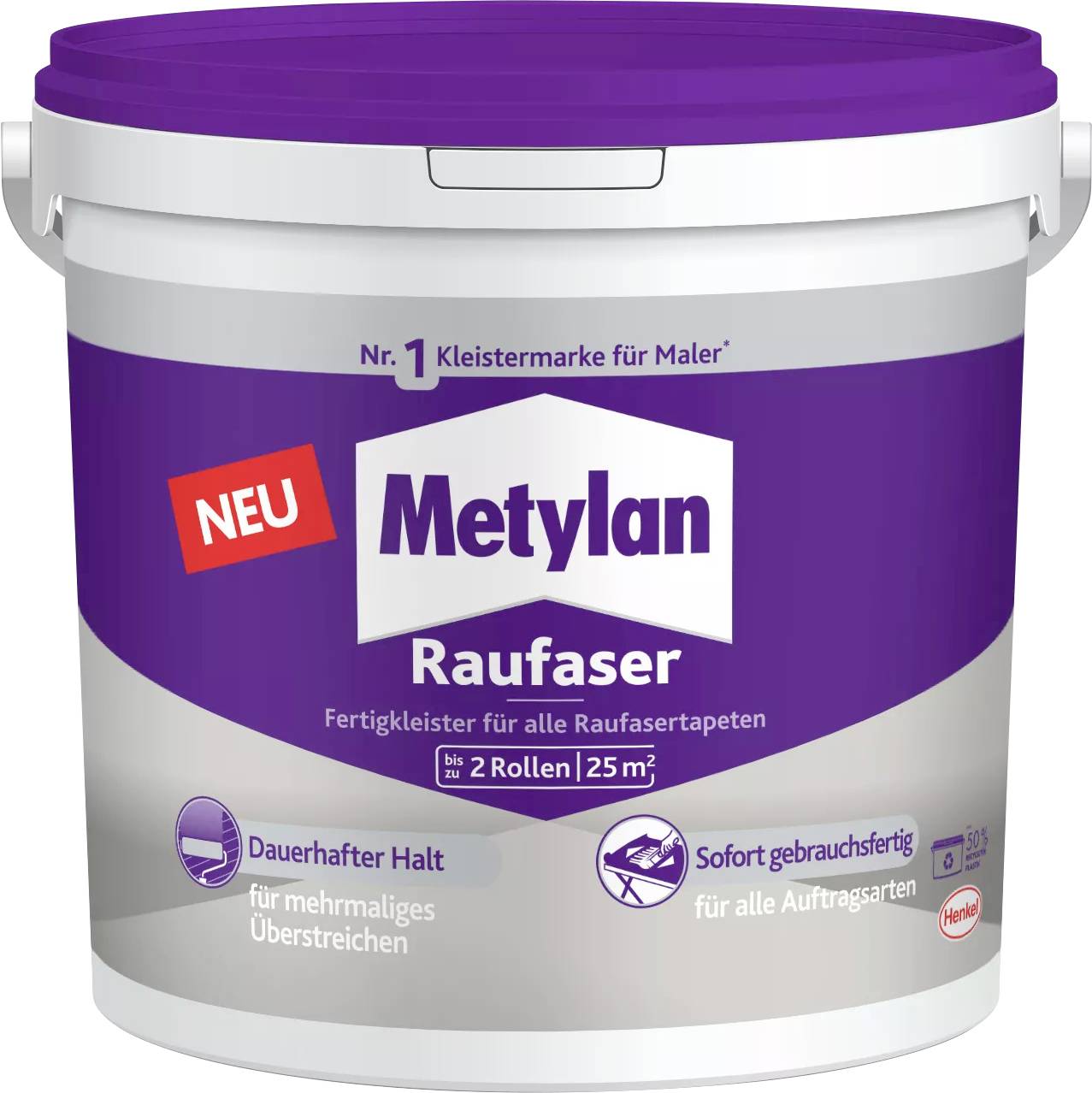 Behälter von 'Metylan Rauhfaser' Klebestift. Violettes Etikett hebt hervor: 'für alle Tapetensorten', 'bis zu 2 Rollen', '25 mg', 'dauerhafter Halt', 'gebrauchsfertig'.