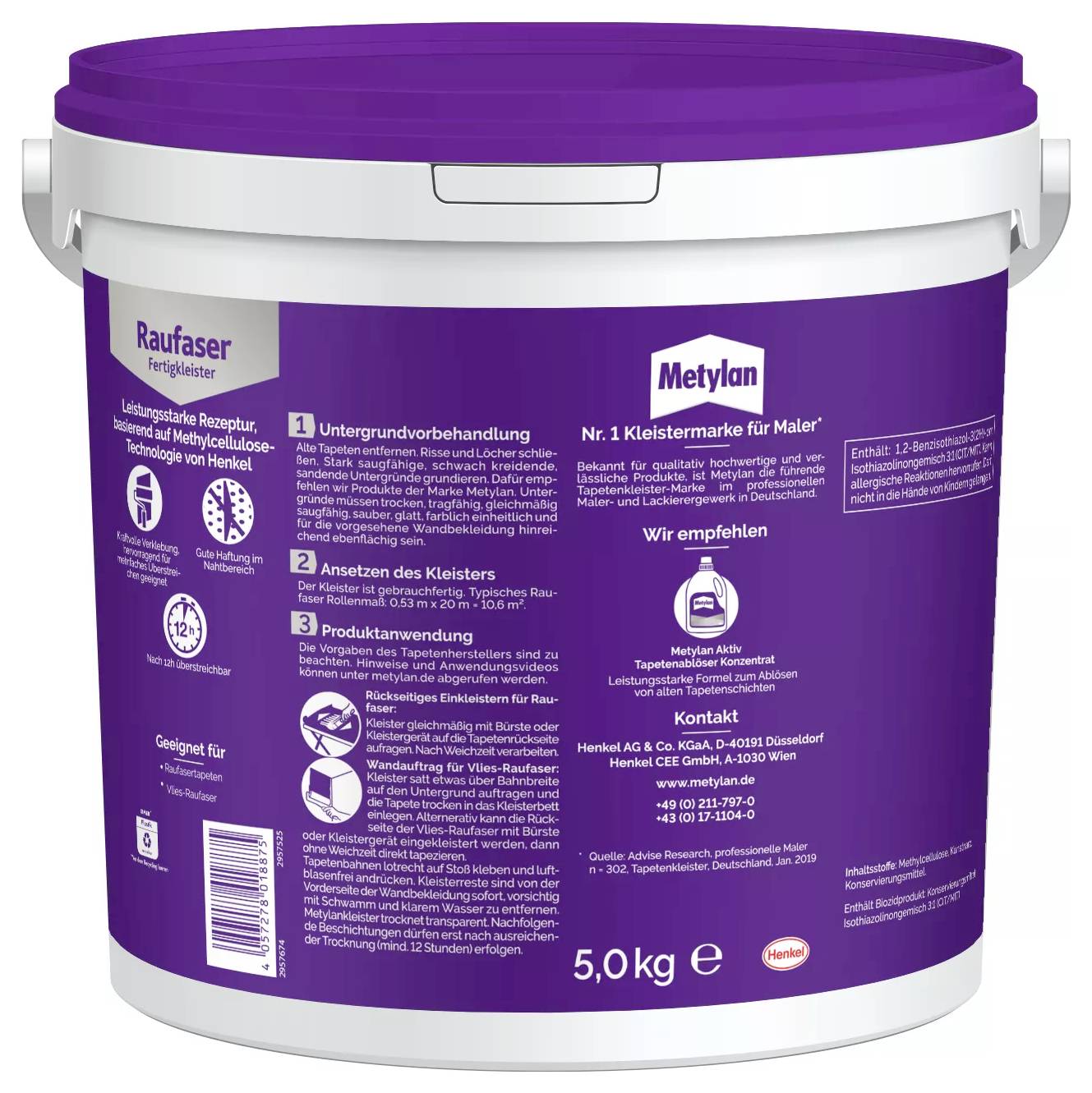 Lila Eimer mit Metylan 'Raufaser' Klebestoff, 5 kg, mit Gebrauchsanweisung und Symbolen zur Produktanwendung.