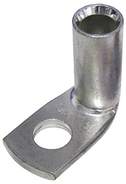 Eine Kabelöse aus Metall mit einem zylindrischen Hohlende und einem flachen Fuß mit einem runden Loch, die typischerweise zum Befestigen von elektrischen Kabeln verwendet wird.