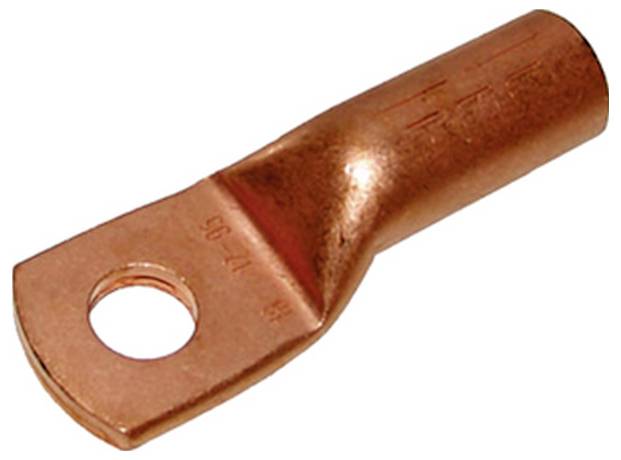 Kupferkabelschuh mit einem Loch zum Anschluss von elektrischen Leitern. Wird für sichere und leitfähige elektrische Verbindungen verwendet.