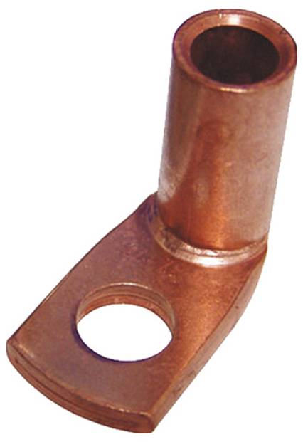 Ein Kupfer-Lug-Verbinder mit einem kreisrunden Loch zum Anschließen von elektrischen Kabeln.