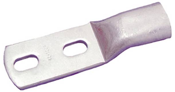 Ein silberner Metallösen-Anschluss mit zwei Bohrlöchern und einem Crimpende.