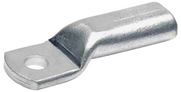 Eine Kabelöse aus Metall mit einer Bohrung zur Drahtverbindung, verwendet zum Befestigen von Drähten an Anschlüssen, mit einer glatten, zylindrischen Oberfläche.