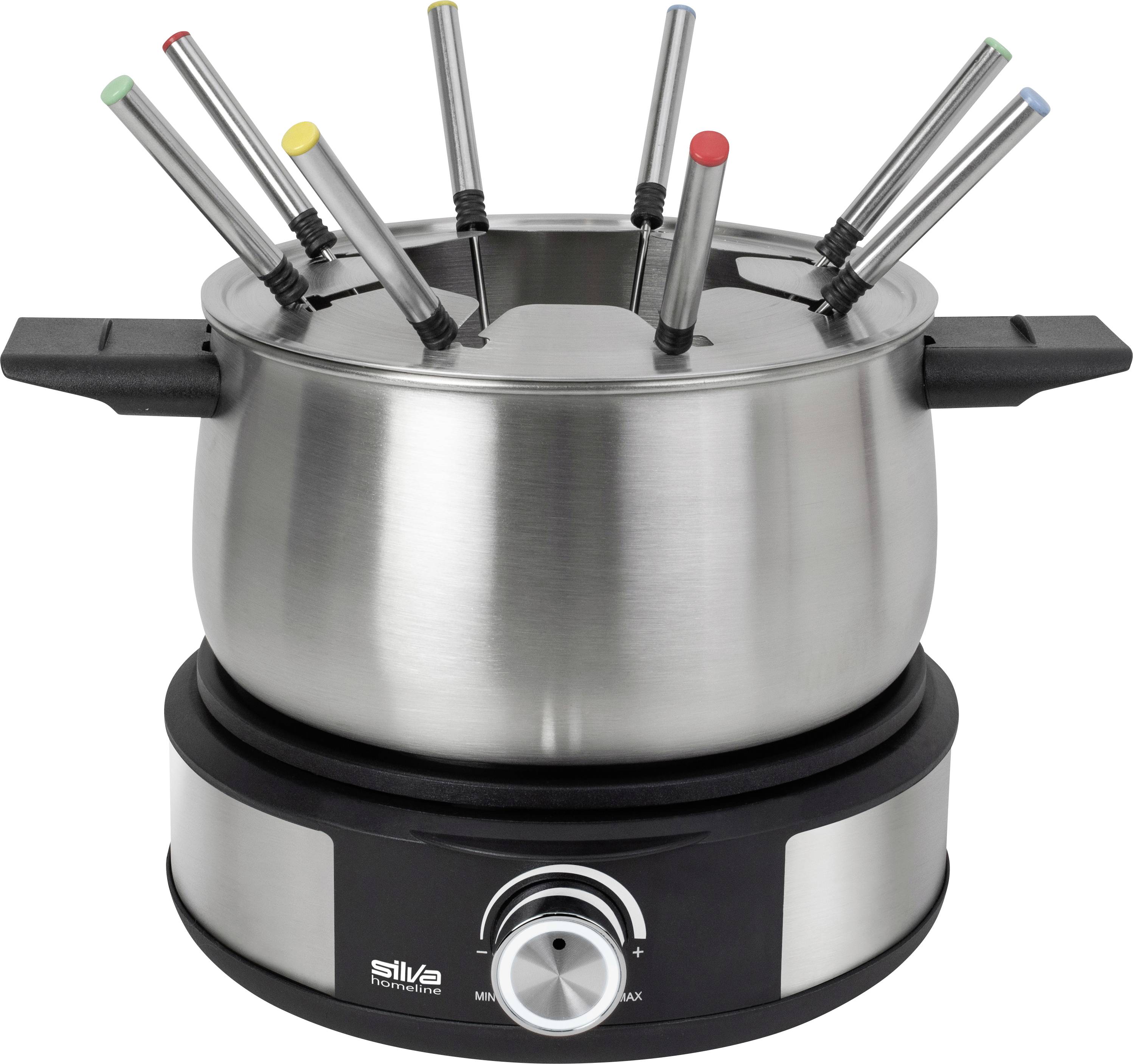 Ein Fondue-Set aus Edelstahl mit acht farbig gekennzeichneten Gabeln, die in einem Topf auf einer elektrischen Basis mit Temperaturregler ruhen.