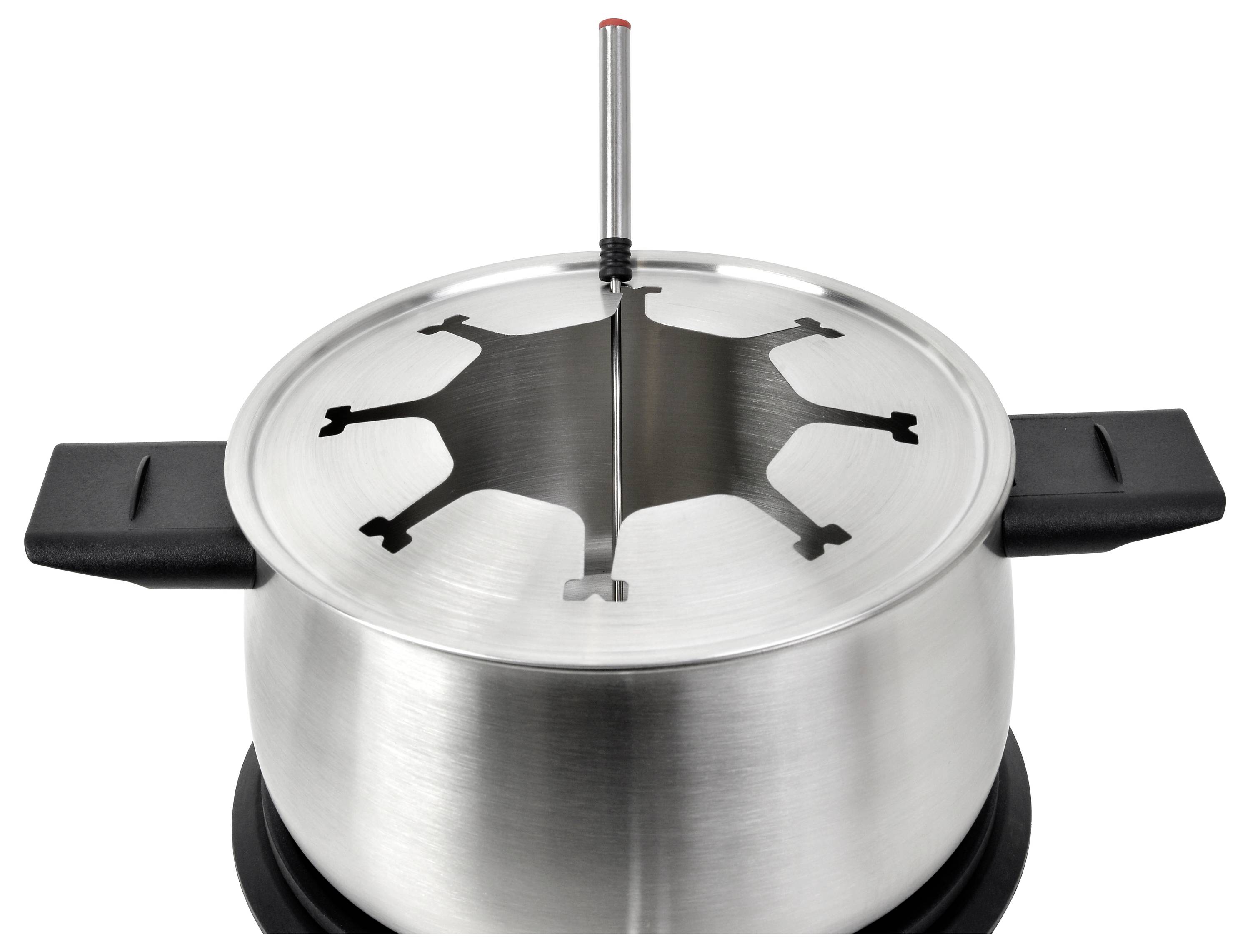 Edelstahlkochtopf mit einem einzigartigen geteilten Deckel zum Einführen eines Thermometers, entwickelt für gleichmäßiges Kochen und präzise Temperaturkontrolle.