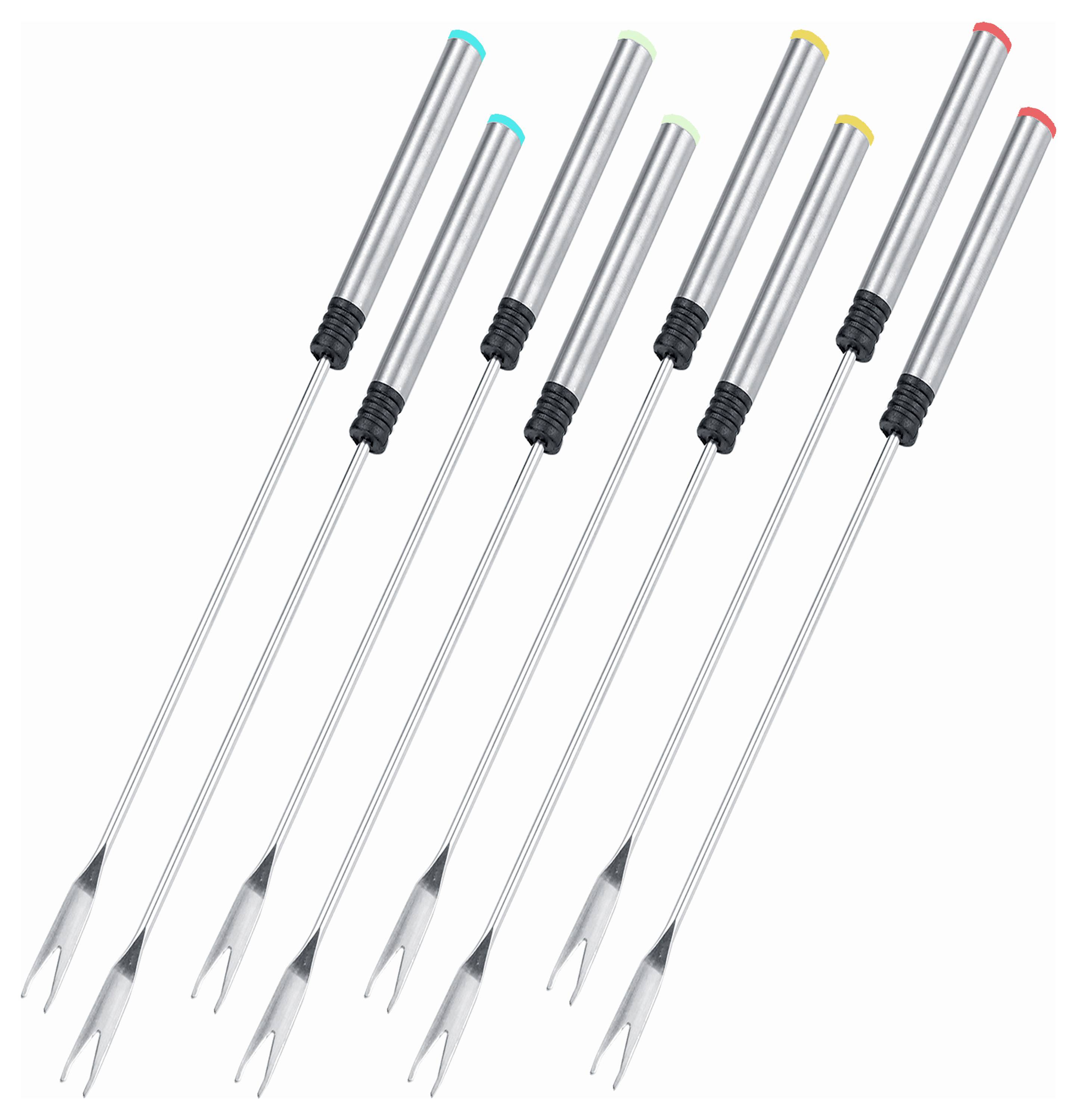 Acht Fondue-Gabeln mit Griffen aus Edelstahl und farbigen Spitzen zur einfachen Identifikation sind parallel angeordnet.