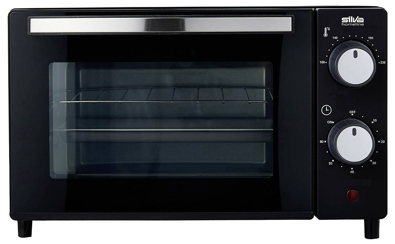 Ein schwarzer Arbeitsplatten-Backofen mit Glastür, zwei Kontrollknöpfen rechts für Temperatur- und Zeiteinstellungen und einem silbernen Griff.