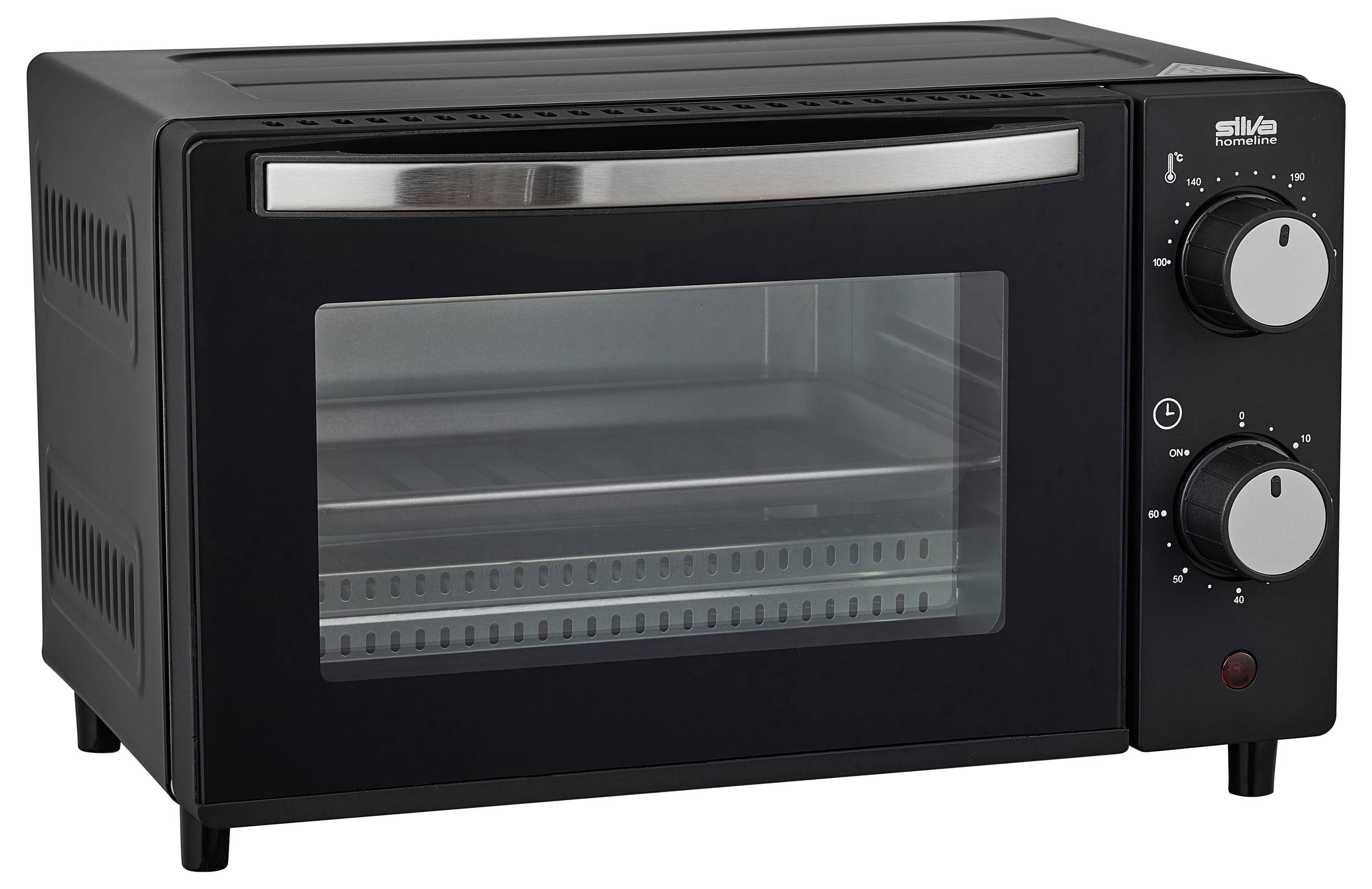 Ein schwarzer Arbeitsplatten-Toaster mit Glastür, zwei Einstellreglern für Temperatur und Funktion und einer roten Kontrollleuchte.