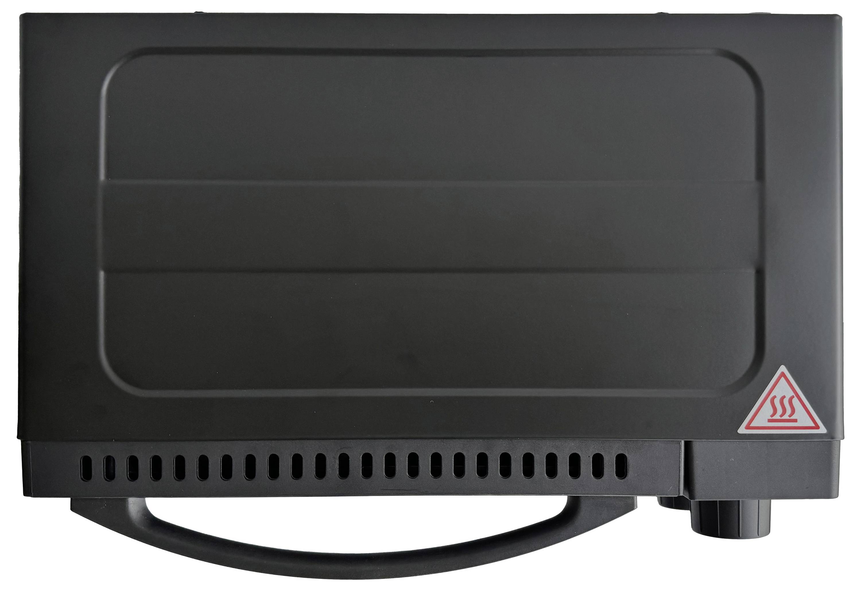 Eine schwarze Heizeinheit mit Griff und Lüftungsschlitz, die in der Ecke ein rotes Warnzeichen zur Anzeige von Hitze aufweist.