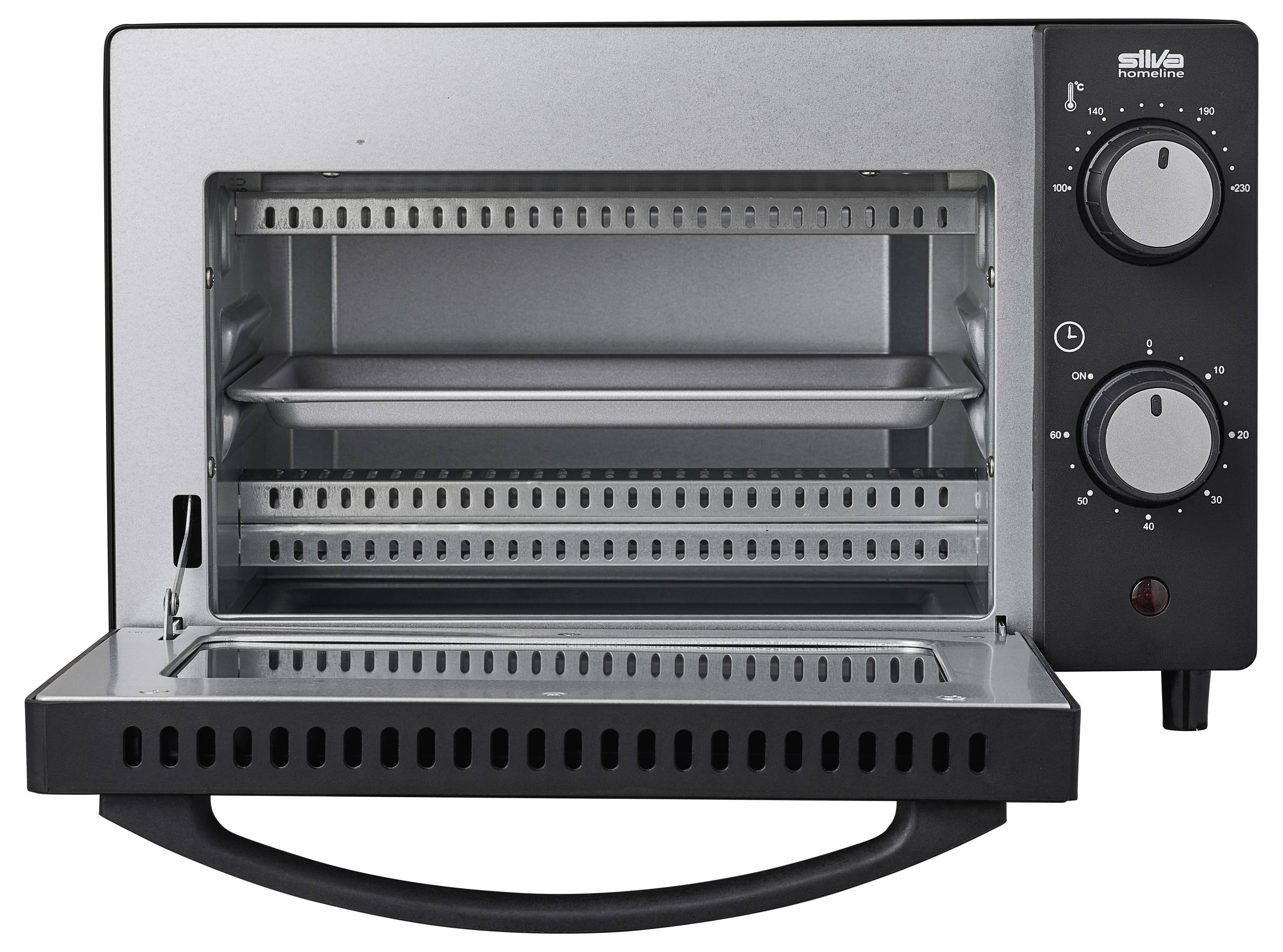 Ein kleiner Toaster aus Edelstahl mit einer offenen Tür, die zwei Einschübe im Inneren zeigt. Stellregler an der Seite für Temperatur- und Zeiteinstellungen.