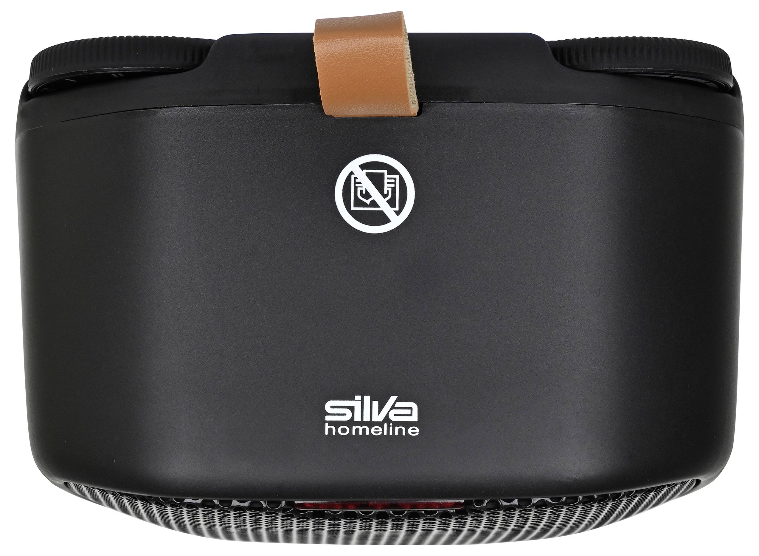 „Ein schwarzes elektronisches Gerät der Marke Silva Homeline mit einem Kein Wasser-Symbol, von oben betrachtet, mit einem braunen Riemen befestigt.