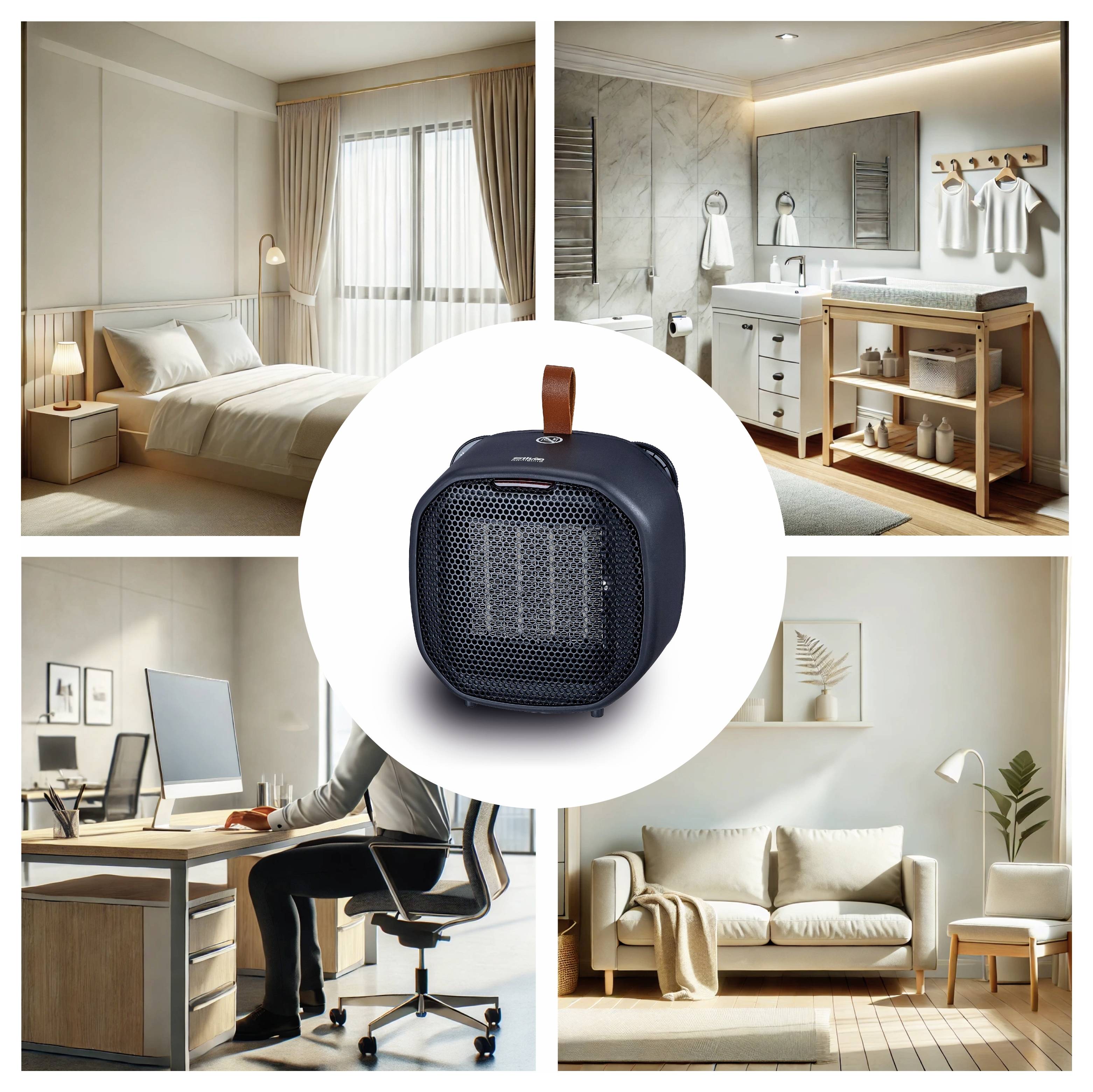 Ein tragbarer Heizlüfter mit einem braunen Griff ist zentriert. Umgebende Bilder zeigen seine Verwendung im Schlafzimmer, Badezimmer, Home Office und Wohnzimmer.