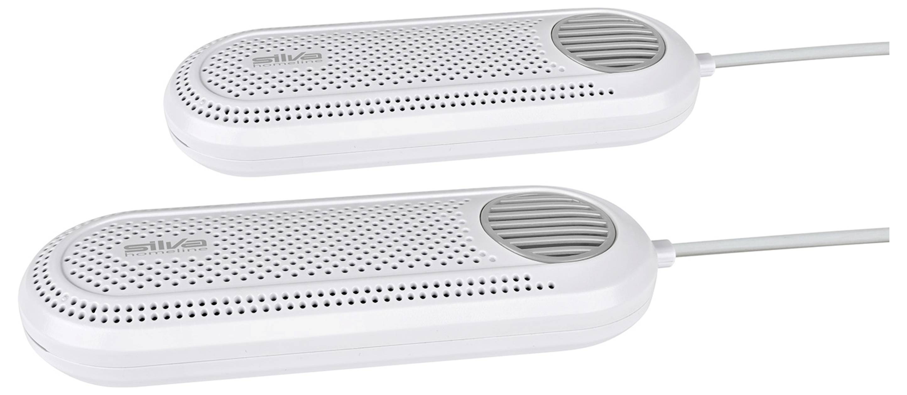 Zwei weiße Schuhtrockner mit belüfteten Oberseiten, durch Kabel verbunden, nebeneinander liegend, entwickelt zum Entfernen von Feuchtigkeit aus Schuhen.