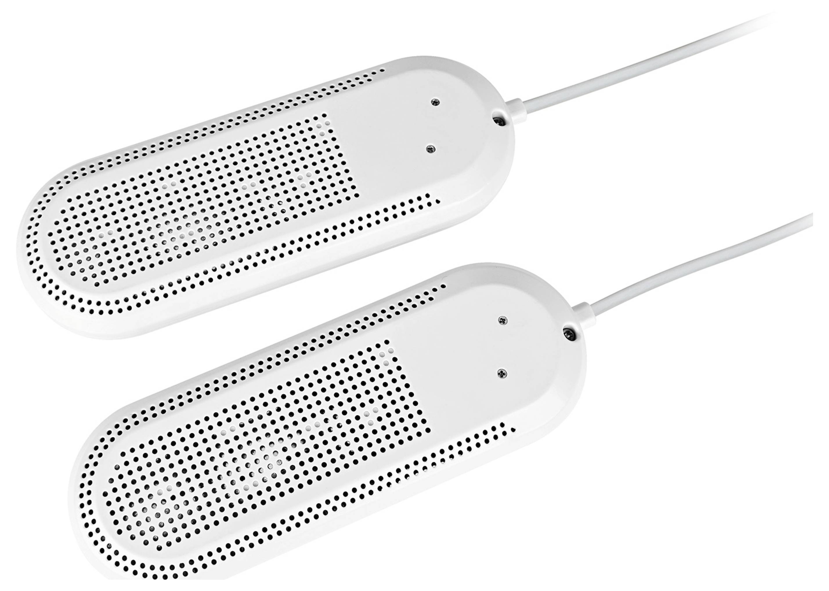 Zwei weiße, rechteckige Schuhtrockner mit gelochten Oberflächen, durch ein Netzkabel verbunden, die darauf ausgelegt sind, in Schuhe eingeführt zu werden, um Feuchtigkeit zu entfernen.