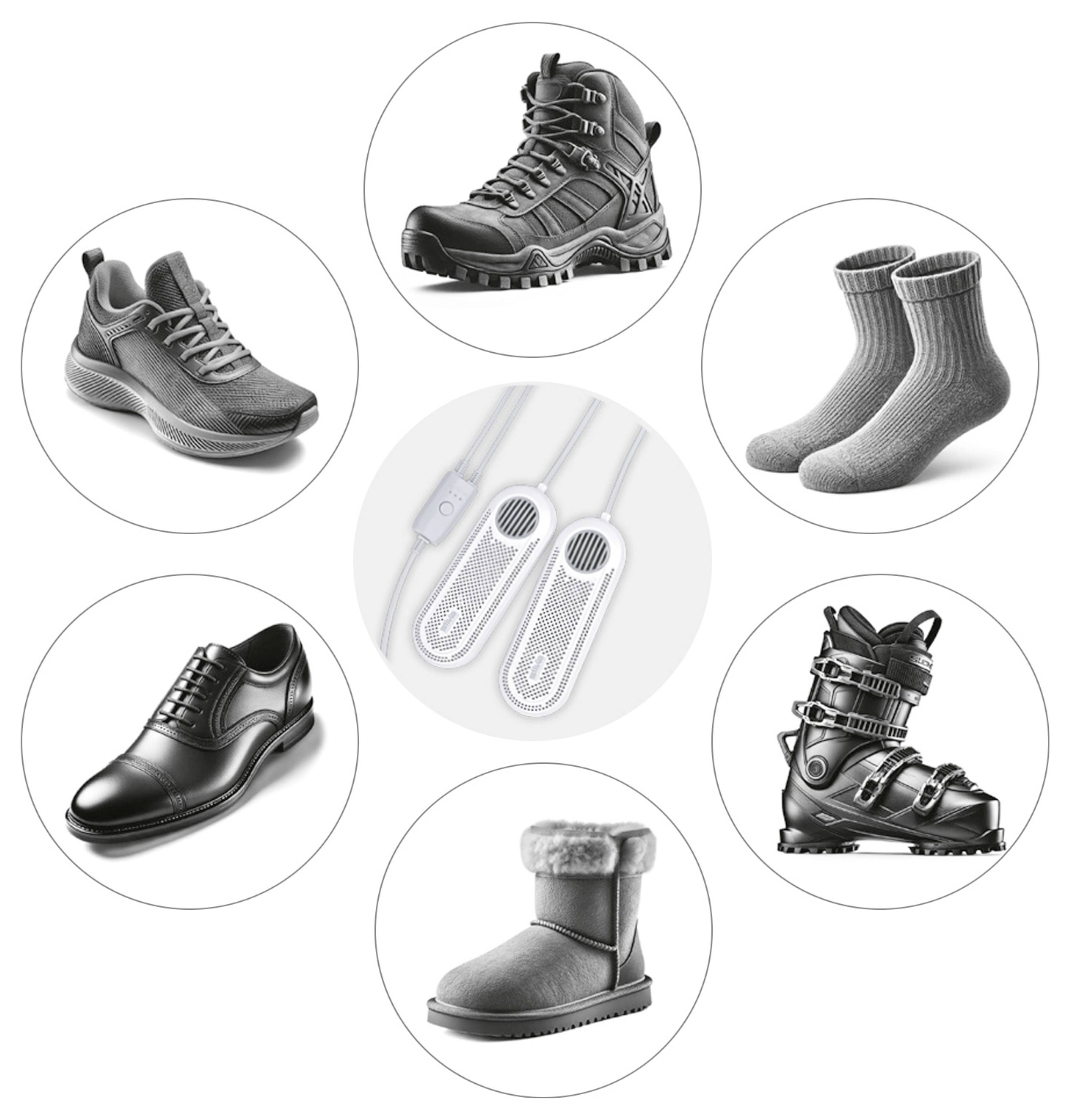 Eine Collage, die verschiedene Schuhe zeigt: Turnschuhe, Wanderstiefel, Anzugschuhe, Winterstiefel, Skischuhe, Wollsocken und elektrische Einlegesohlen.