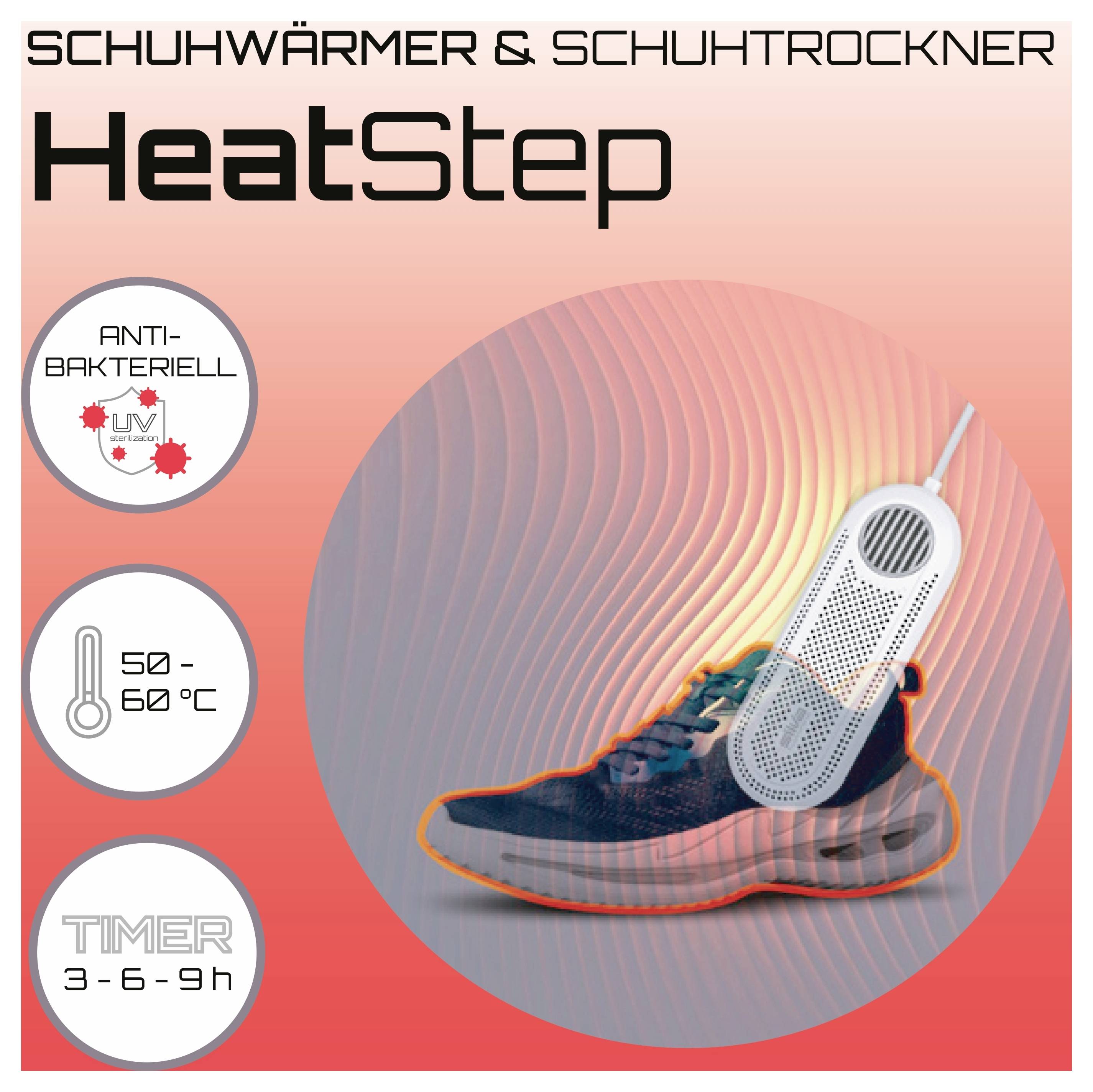 Ein Sportschuh mit einem elektrischen Schuhwärmer. Text: 'Schuhwärmer & Schuhtrockner', 'HeatStep'. Funktionen: antibakteriell, Temperatur 50-60°C, Timer 3-9 Stunden.
