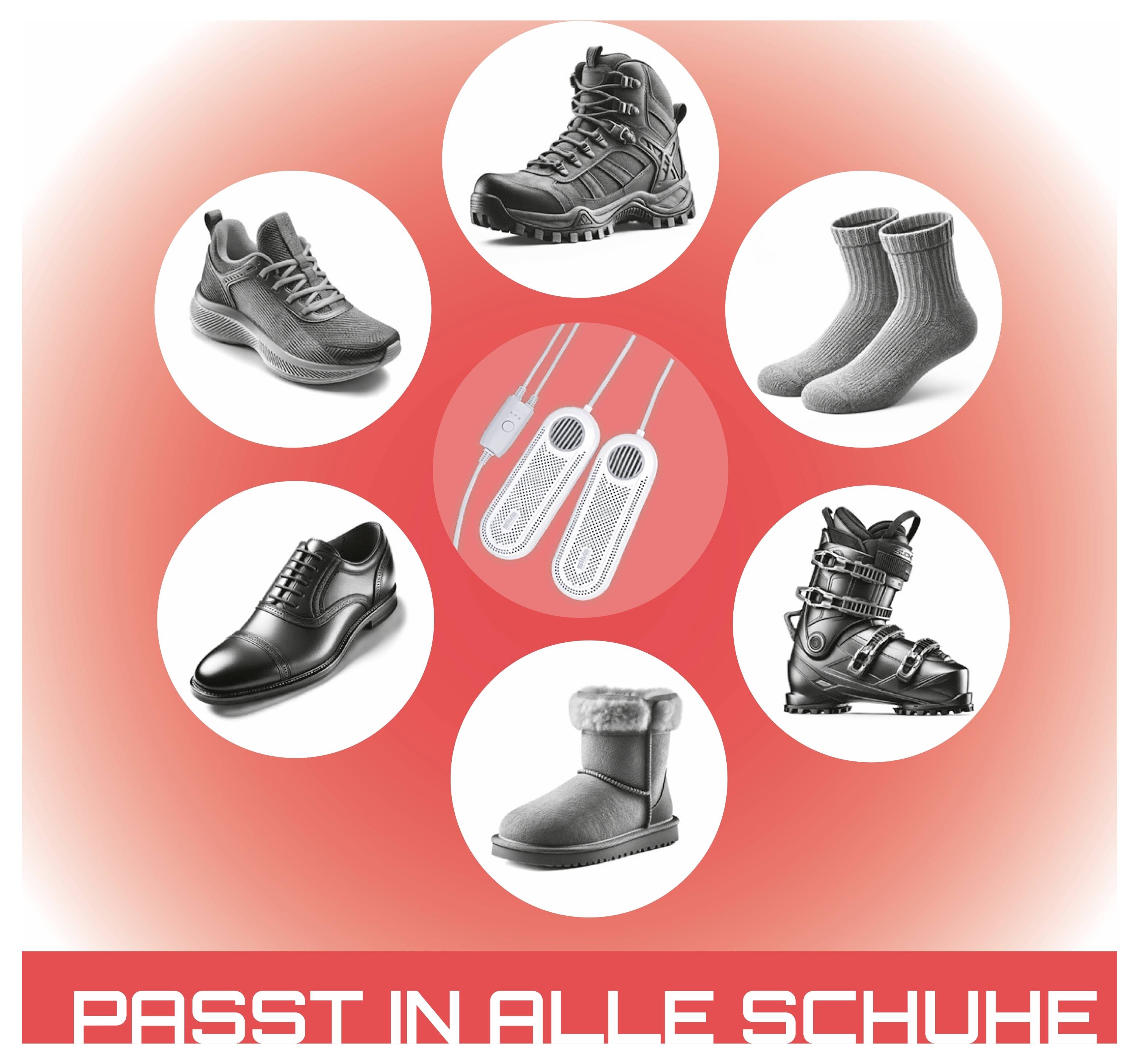Heizsohlen, die für verschiedene Schuhe geeignet sind: Sportschuhe, Wanderschuhe, Socken, Lederschuhe, Winterschuhe, Skischuhe. Text unten: 'Passt in alle Schuhe'.