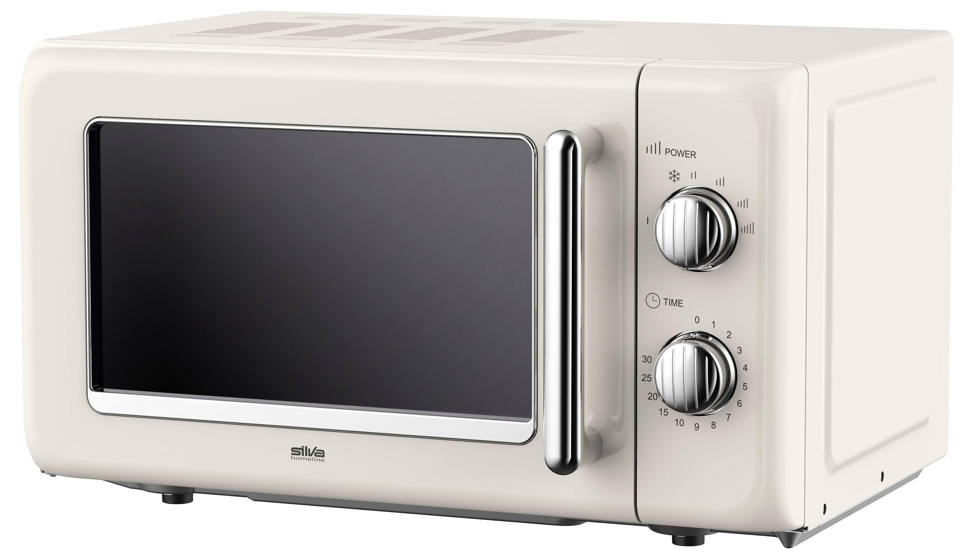 Ein beiger Mikrowellenherd mit einem Griff und zwei Kontrollknöpfen, die auf der rechten Seite mit 