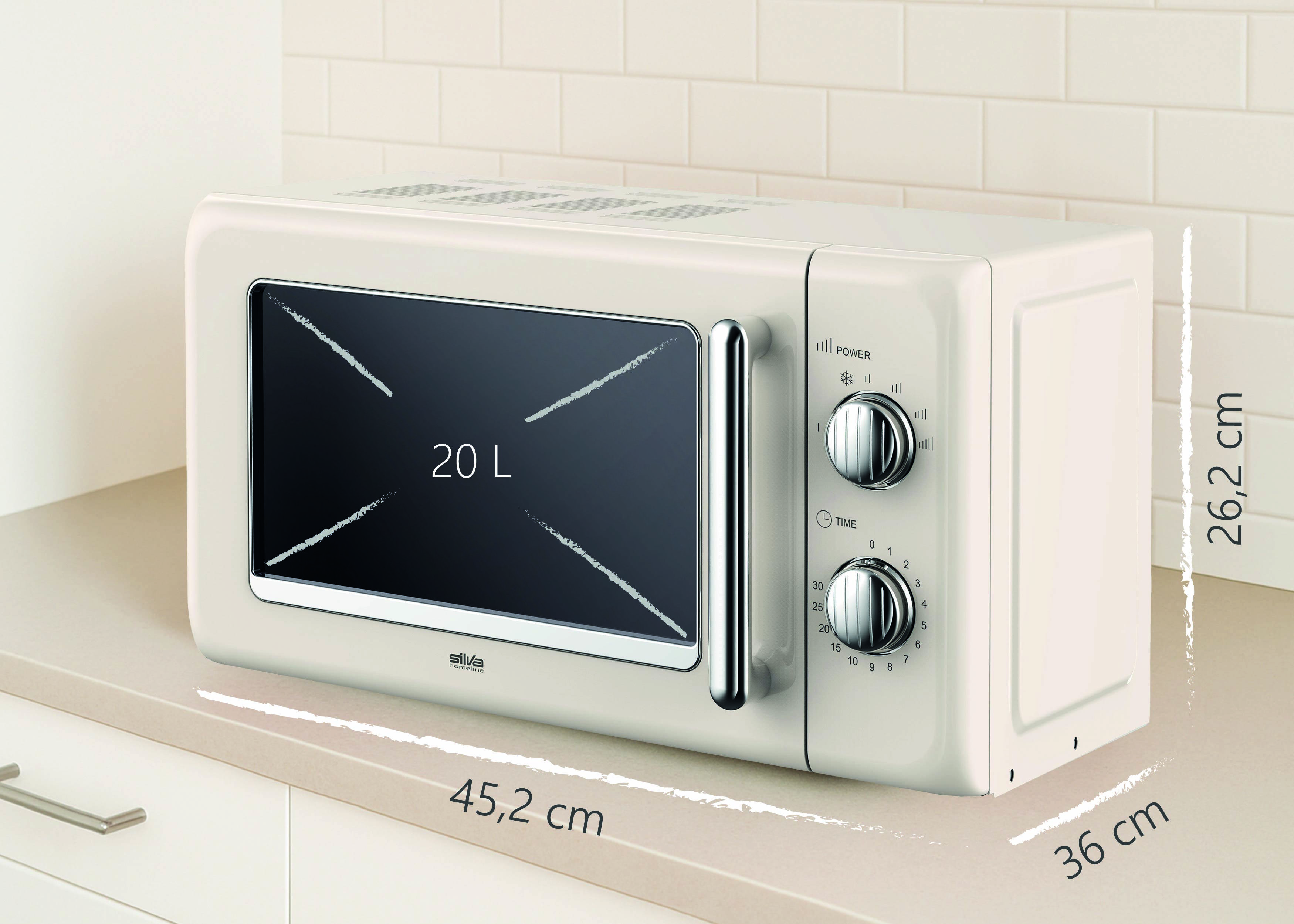 Ein weißer Mikrowellenherd auf einer Arbeitsplatte, mit folgenden Abmessungen: 45,2 cm breit, 26,2 cm hoch, 36 cm tief, mit einem Fassungsvermögen von 20 Litern.