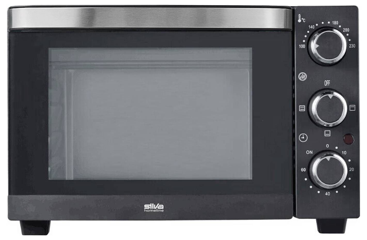 Ein schwarzer Arbeitsplatten-Backofen mit Glastür und drei Bedienknöpfen für Temperatur, Funktion und Timer.