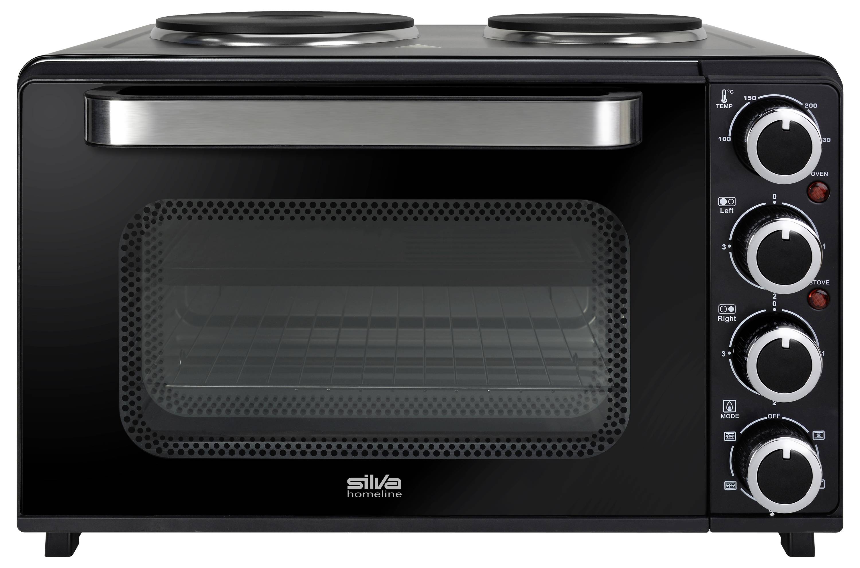 Ein schwarzer Küchenbackofen mit Drehreglern rechts für Temperatur und Kocheinstellungen. Er verfügt über zwei Kochplatten oben und eine Glastür.