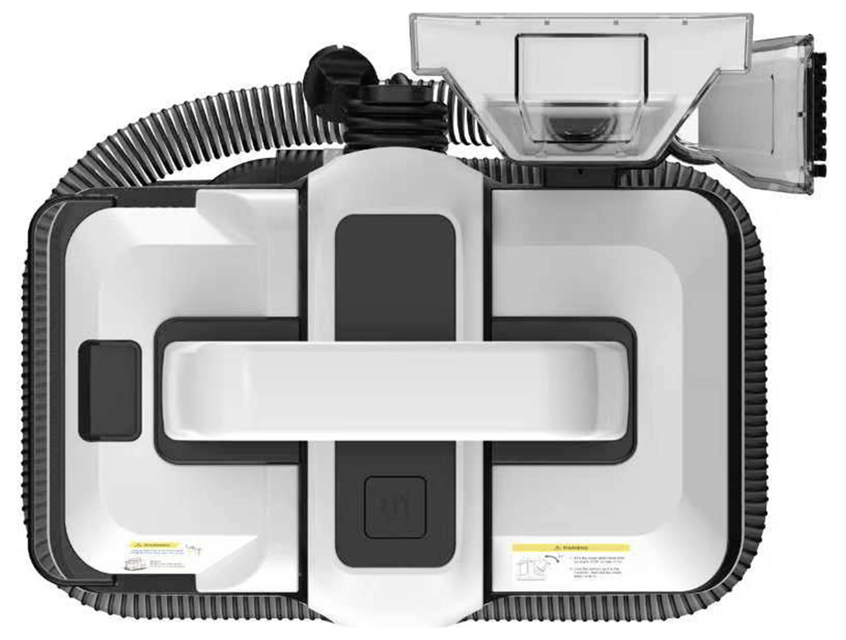 Ein Roboter-Fensterreiniger mit elegantem, rechteckigem Design, ausgestattet mit starker Saugtechnologie, einem flexiblen Schlauch und einem Bedienfeld auf der Oberseite.