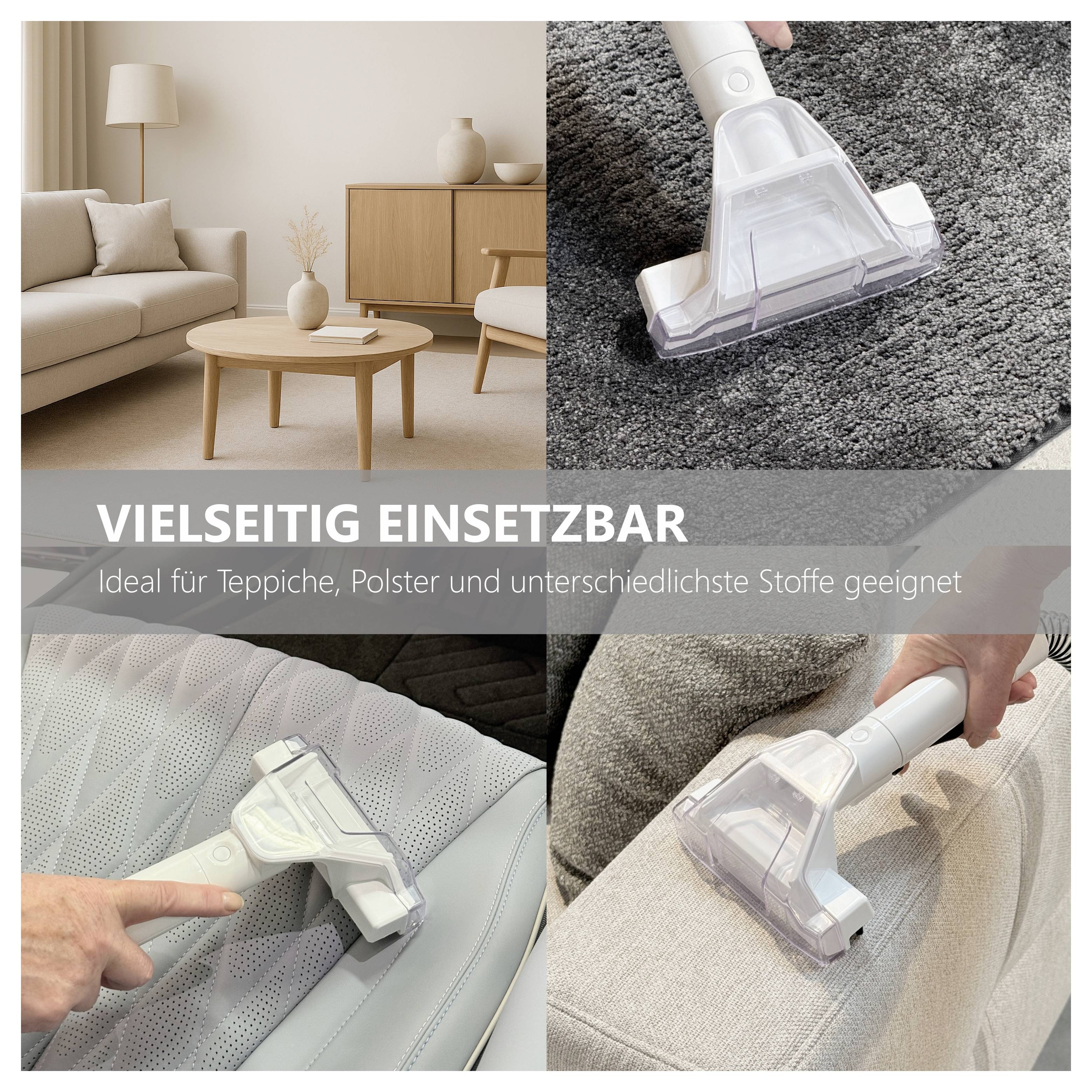 Collage, die einen Staubsauger zeigt, der einen Teppich und Polstermöbel reinigt, mit dem Text 'Vielseitig einsetzbar', der die Vielseitigkeit hervorhebt.